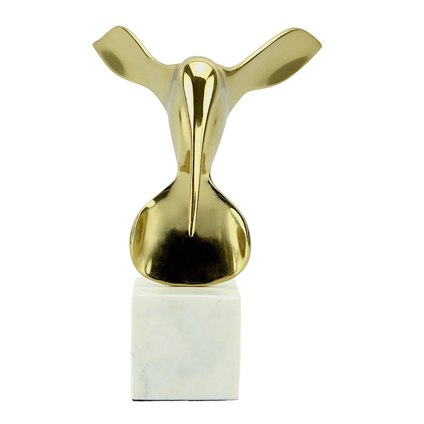 Golden Aluminum Long Beak Bird Sculpture: Handcrafted Avian Elegance on White Marble Base