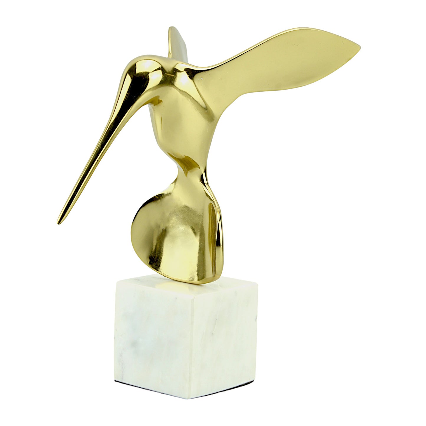Golden Aluminum Long Beak Bird Sculpture: Handcrafted Avian Elegance on White Marble Base