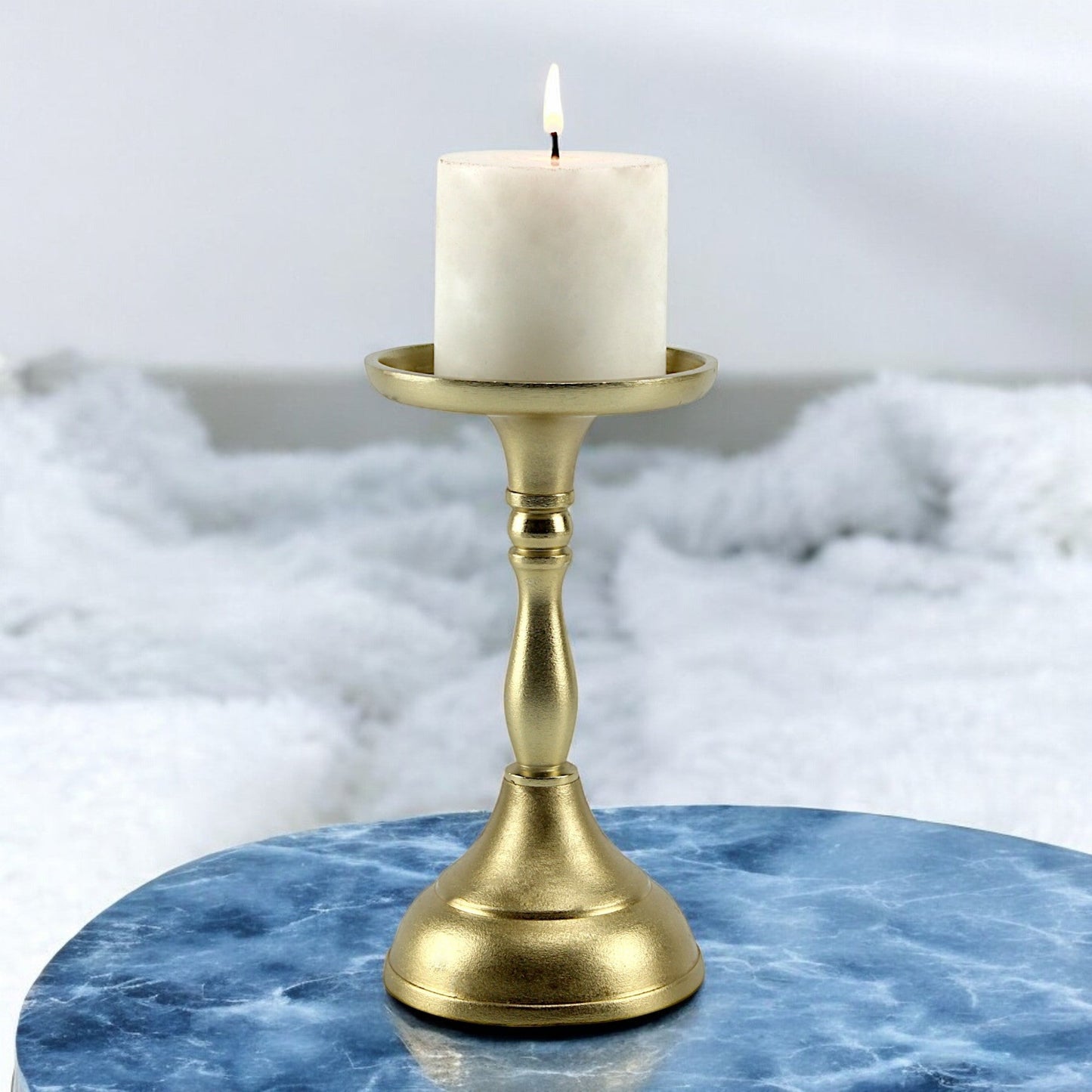 Luxe Golden Aluminum Small Pillar Candle Holder | Glamorous Home Accent