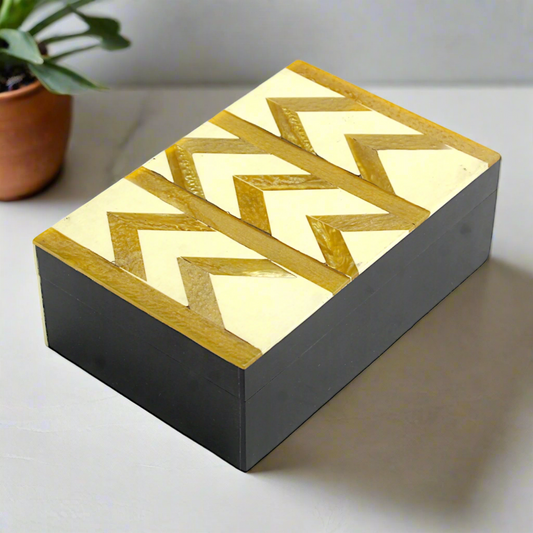 Chevron Patterned Bone Inlay Wooden trinket Box – Modern Elegance
