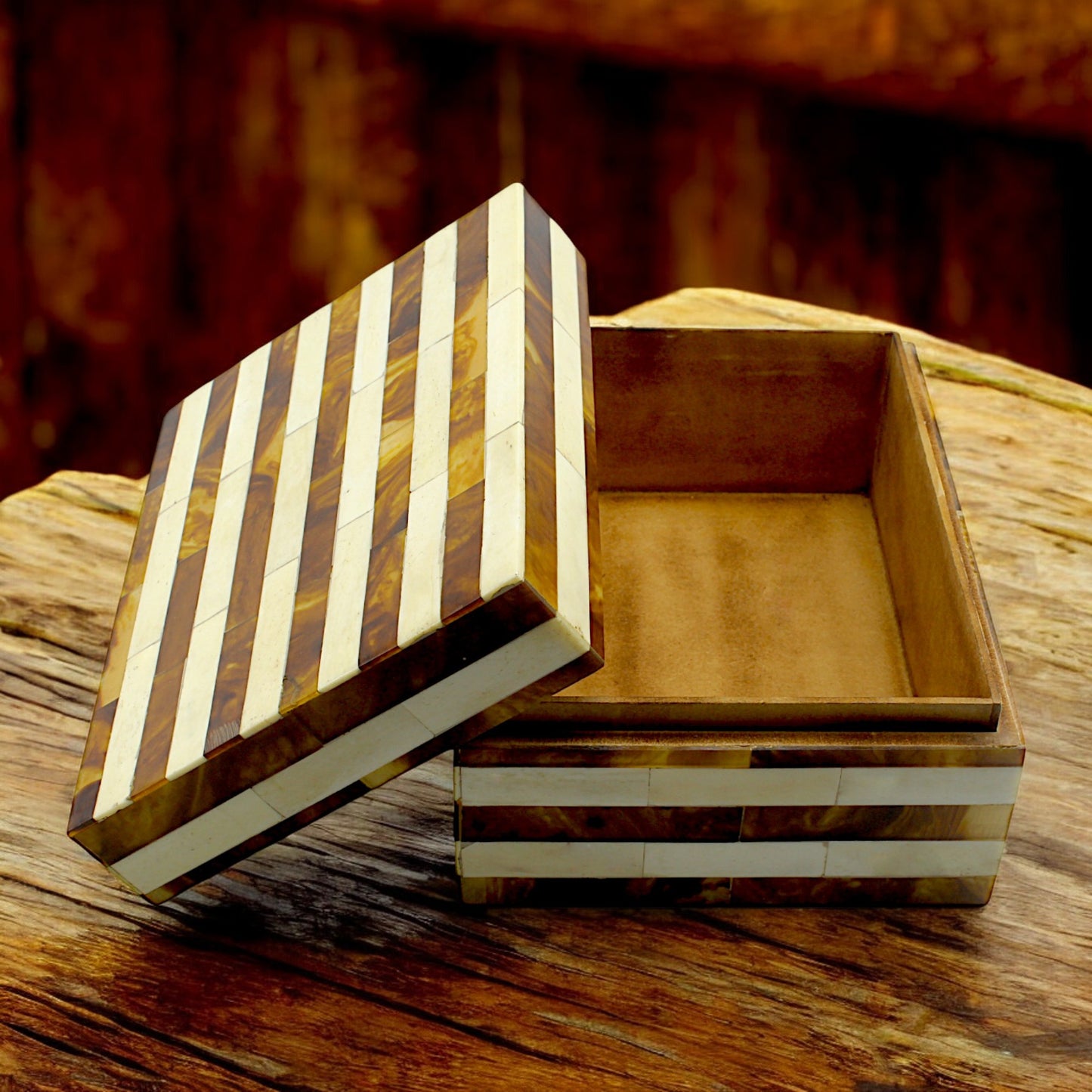 Handcrafted Bone Inlay Trinket Box – Antique Stripe Design