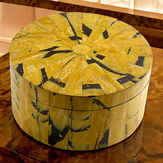 Yellow Bone Inlay Handcrafted Round Trinket Box - Vibrant Storage Solution for Jewelry and Treasures