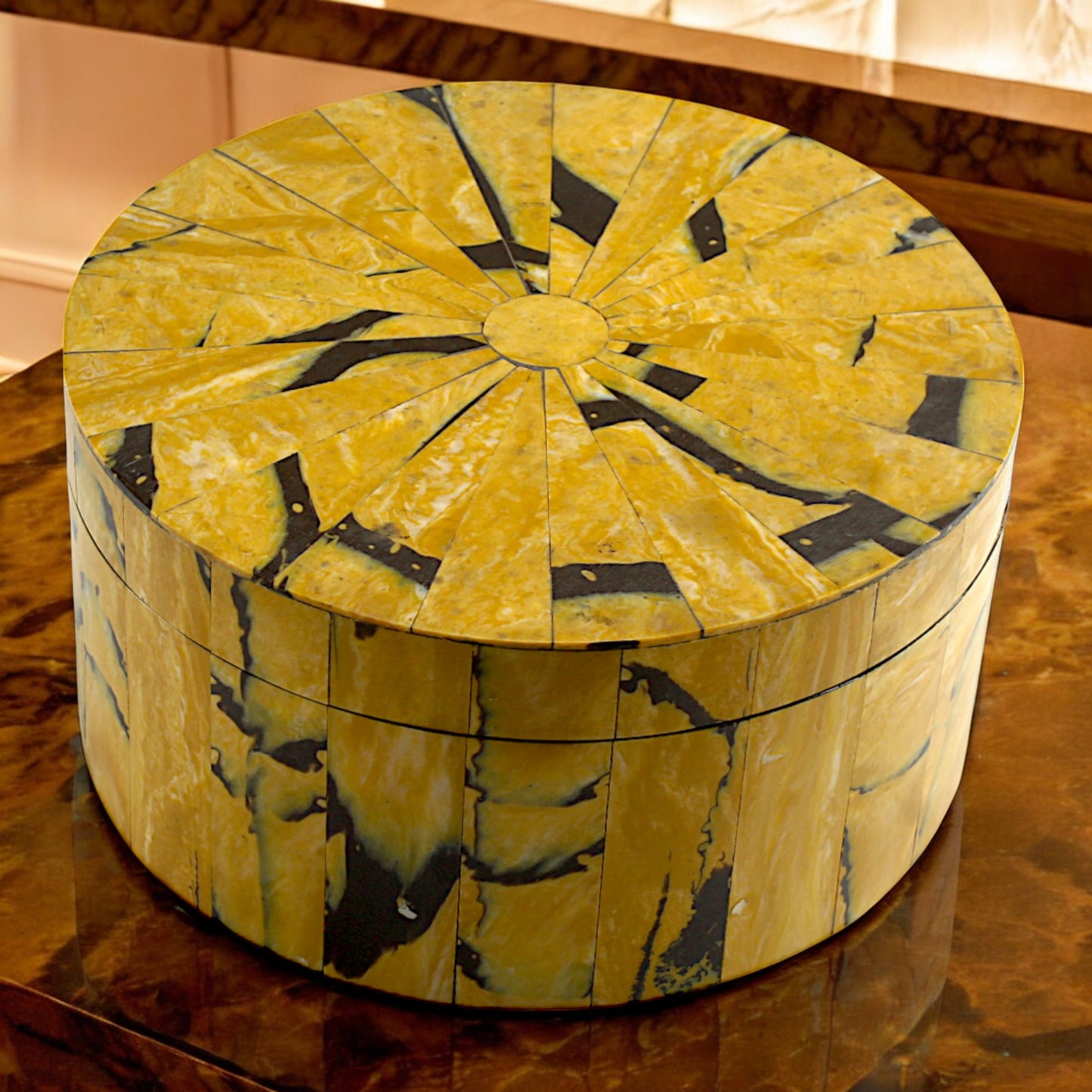 Yellow Bone Inlay Handcrafted Round Trinket Box - Vibrant Storage Solution for Jewelry and Treasures