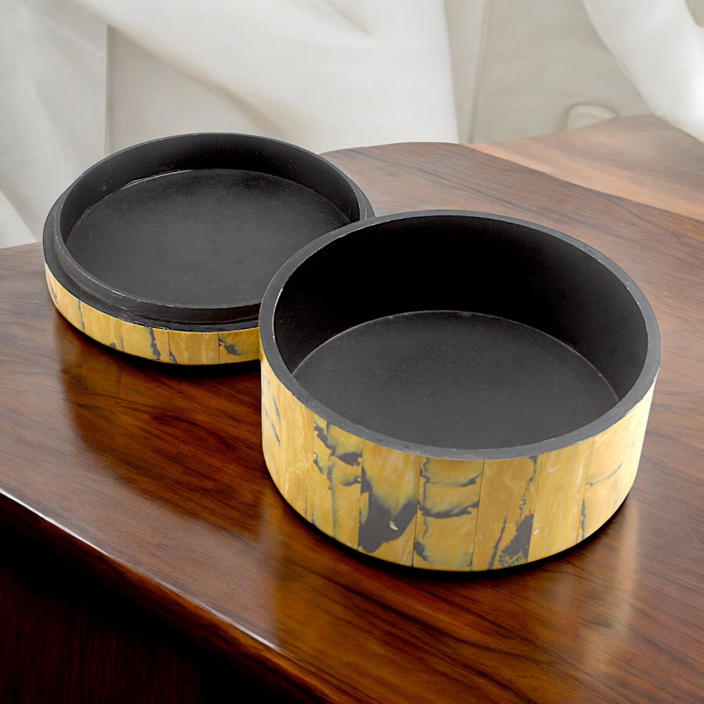 Yellow Bone Inlay Handcrafted Round Trinket Box - Vibrant Storage Solution for Jewelry and Treasures