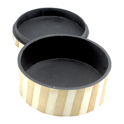 Handcrafted Round Wood and Bone Inlay Striped Trinket Box - Elegant Storage for Treasures