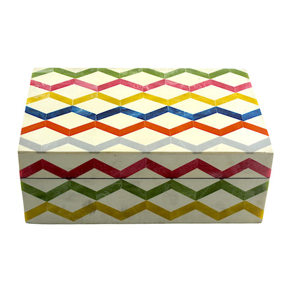 Multicolor Zigzag Design Handcrafted Trinket Box with White Base - Stylish Storage Solution