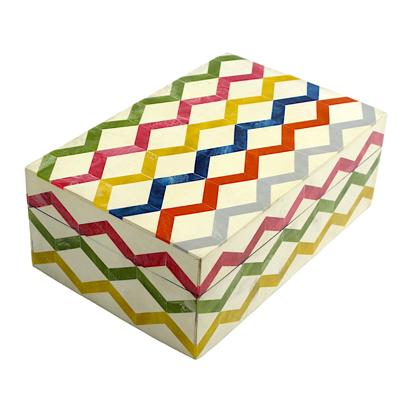 Multicolor Zigzag Design Handcrafted Trinket Box with White Base - Stylish Storage Solution