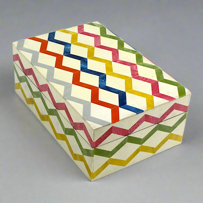 Multicolor Zigzag Design Handcrafted Trinket Box with White Base - Stylish Storage Solution