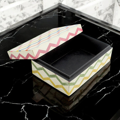 Multicolor Zigzag Design Handcrafted Trinket Box with White Base - Stylish Storage Solution