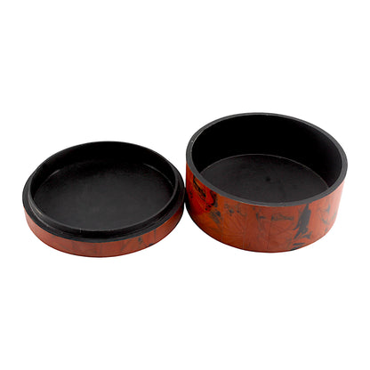 Round Red Bone Inlay Handcrafted Trinket Box - Vibrant Storage for Jewelry and Keepsakes