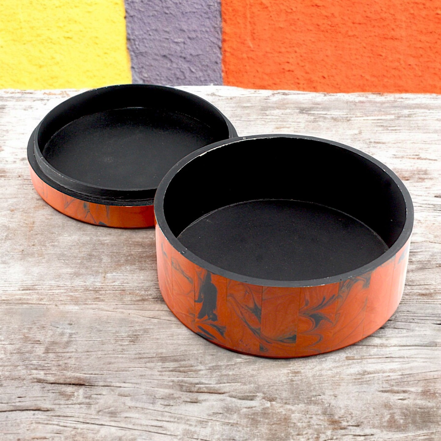 Round Red Bone Inlay Handcrafted Trinket Box - Vibrant Storage for Jewelry and Keepsakes