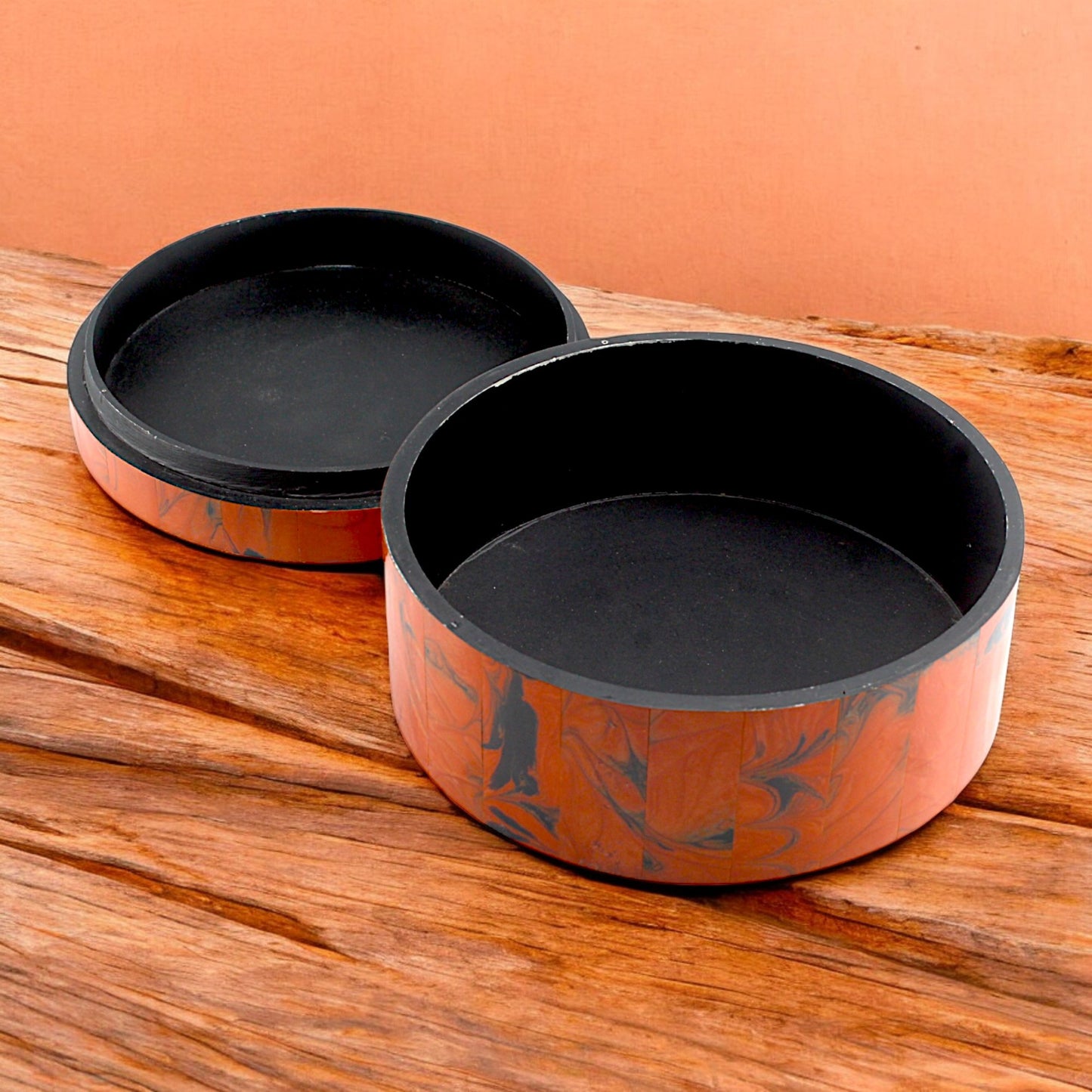 Round Red Bone Inlay Handcrafted Trinket Box - Vibrant Storage for Jewelry and Keepsakes