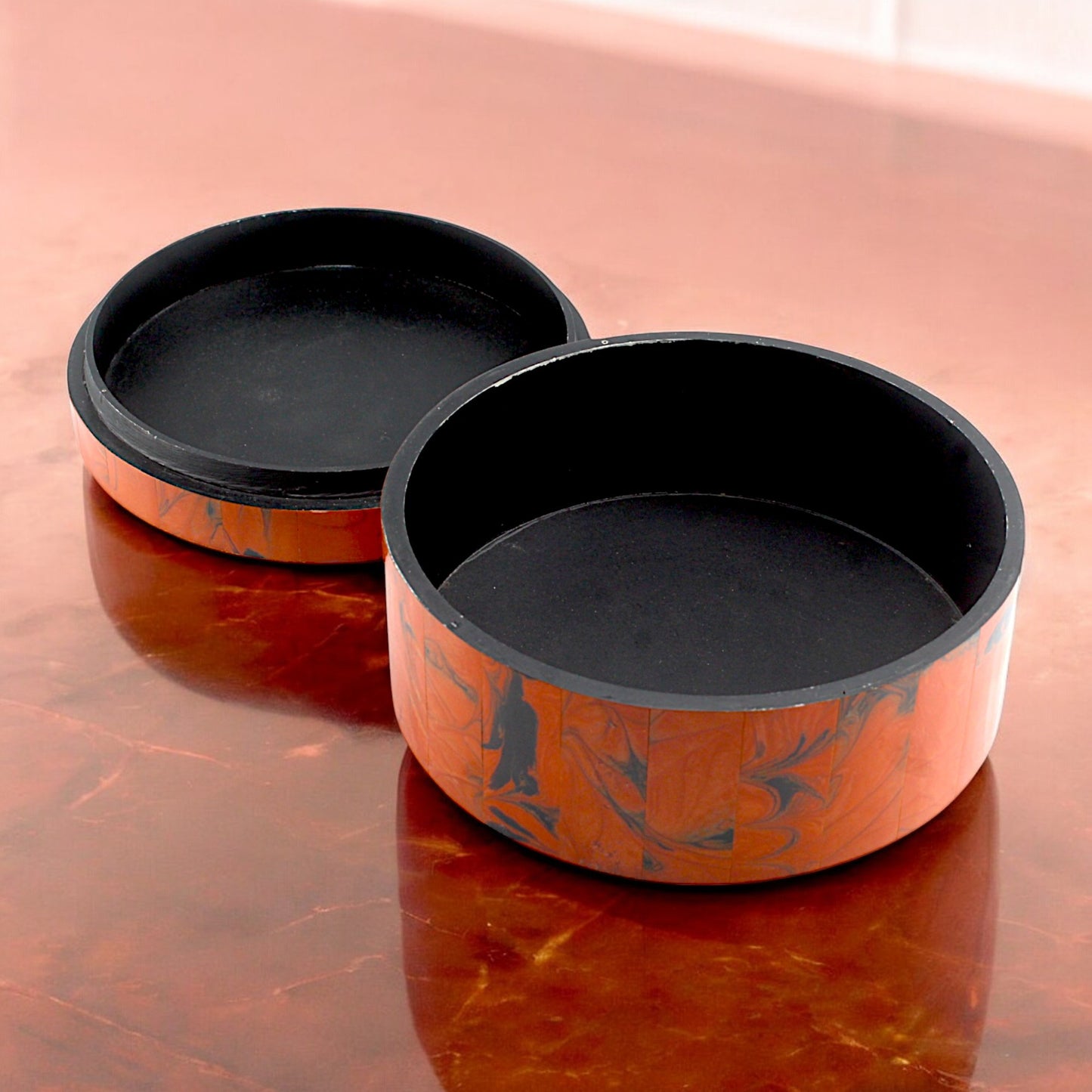 Round Red Bone Inlay Handcrafted Trinket Box - Vibrant Storage for Jewelry and Keepsakes