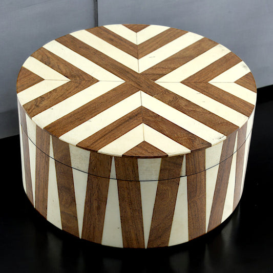Round White Bone Inlay and Wood Handcrafted Trinket Box - Elegant Storage for Jewelry and Keepsakes