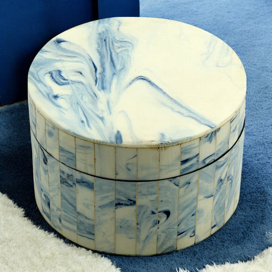 Elegant Marbled Resin Trinket Box – Round Blue & White Storage Box for Home Décor