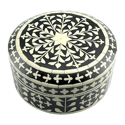 Handmade Black & White Floral Design Resin Trinket Box – Round, Elegant Storage