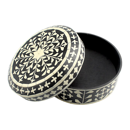 Handmade Black & White Floral Design Resin Trinket Box – Round, Elegant Storage
