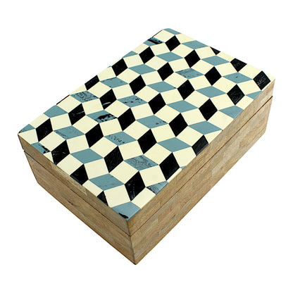 Handmade Black, White & Blue Resin and Wood Trinket Box – Rectangular with Contemporary Design, Chic Storage Solution