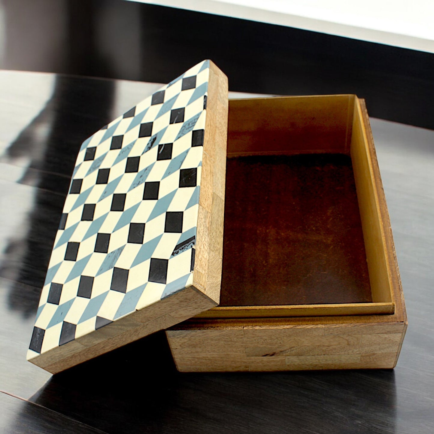 Handmade Black, White & Blue Resin and Wood Trinket Box – Rectangular with Contemporary Design, Chic Storage Solution