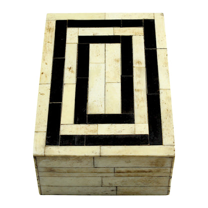 Handmade Black & White Bone and Horn Trinket Box – Rectangular with Antique Dust Design, Timeless Elegance