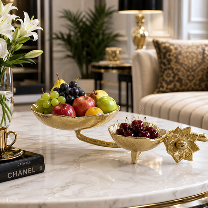 Aluminum Flower Golden Double Bowl on Leaf - Artisanal Home Décor Accent
