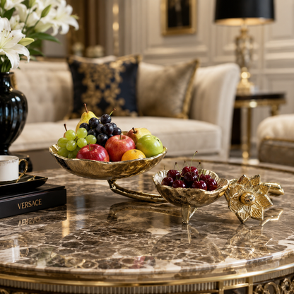 Aluminum Flower Golden Double Bowl on Leaf - Artisanal Home Décor Accent