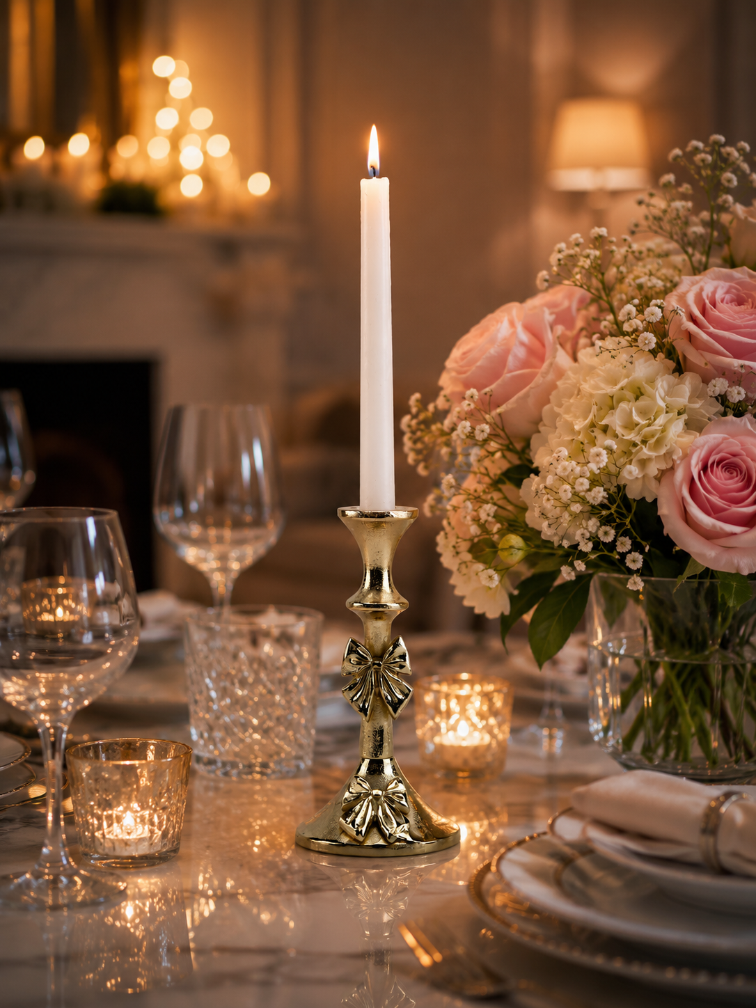 Artisan Golden Aluminum Small Bow-Decorated Candle Holder | Charming Home Accent