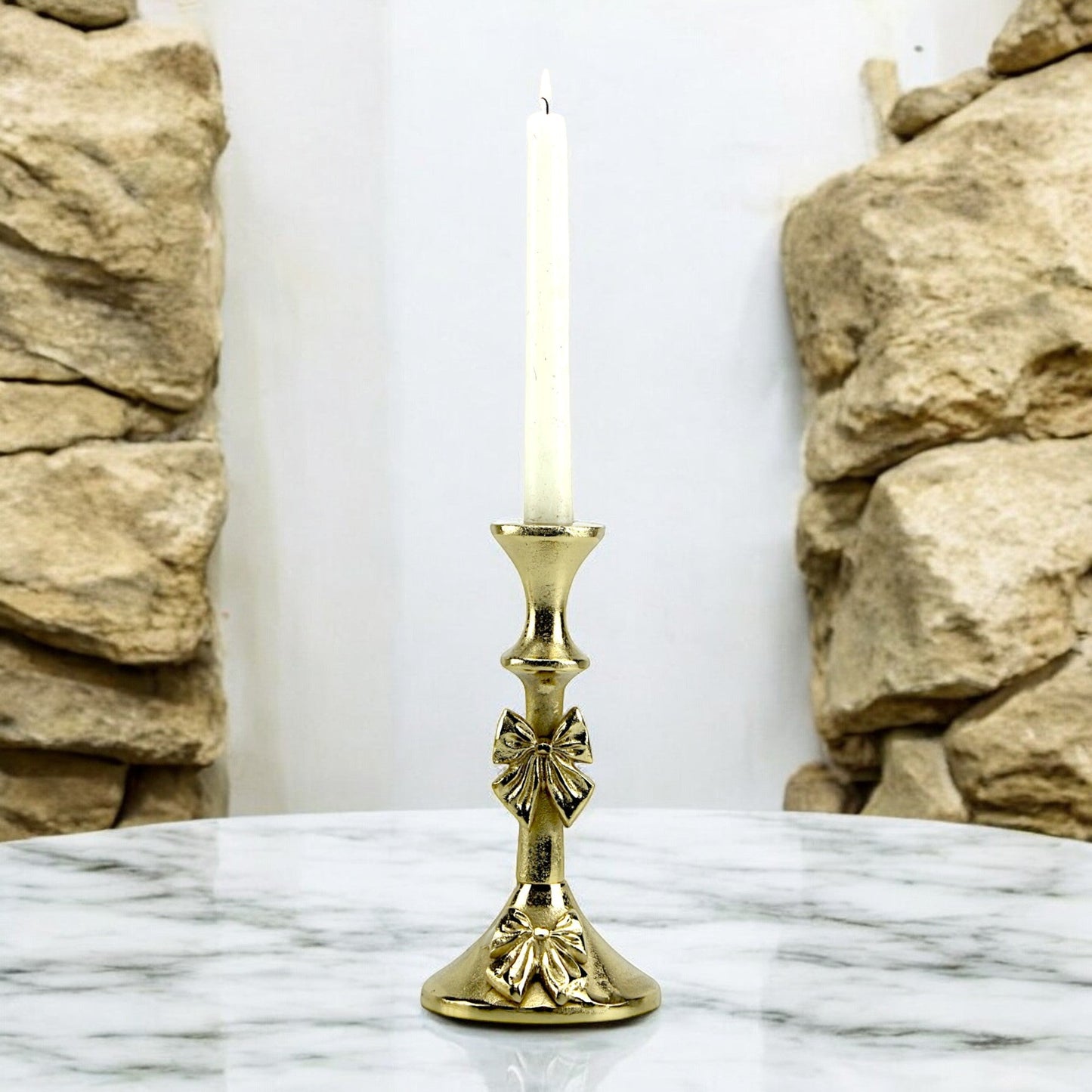 Artisan Golden Aluminum Small Bow-Decorated Candle Holder | Charming Home Accent