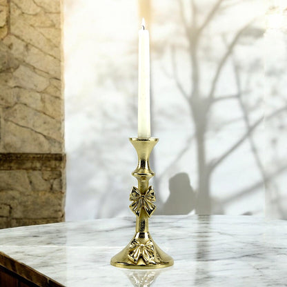 Artisan Golden Aluminum Small Bow-Decorated Candle Holder | Charming Home Accent