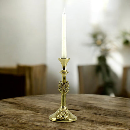 Artisan Golden Aluminum Large Bow-Decorated Candle Holder | Elegant Home Accent