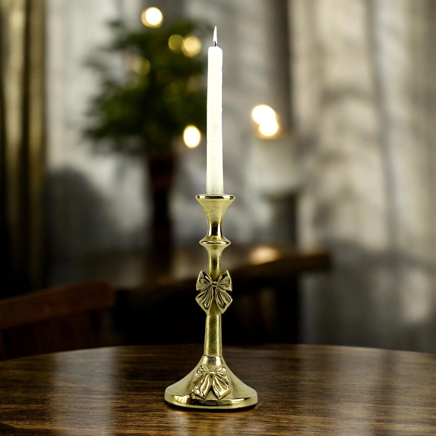 Artisan Golden Aluminum Large Bow-Decorated Candle Holder | Elegant Home Accent