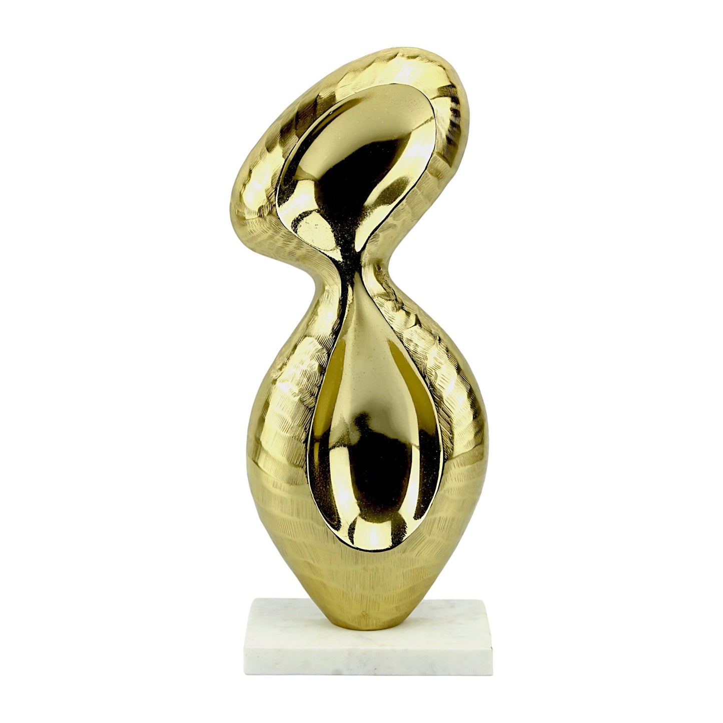 Golden Aluminum Abstract Sculpture: Handcrafted Art on White Marble Base
