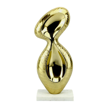 Golden Aluminum Abstract Sculpture: Handcrafted Art on White Marble Base