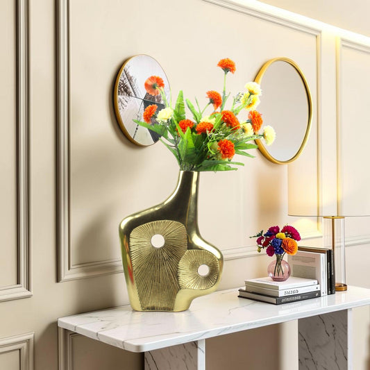 Golden Aluminum Abstract Vase - Sunburst Medallion Accents