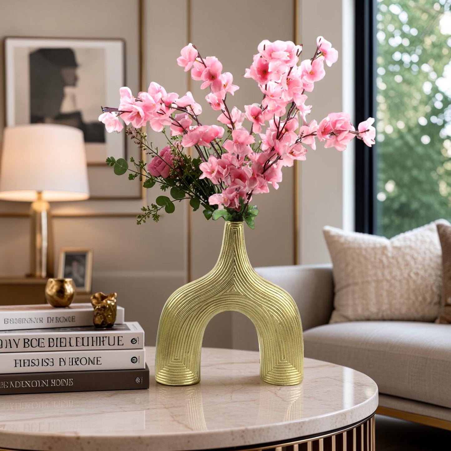 Golden Aluminum Arch Flower Vase: Ribbed Sculptural Design for Modern Home Decor