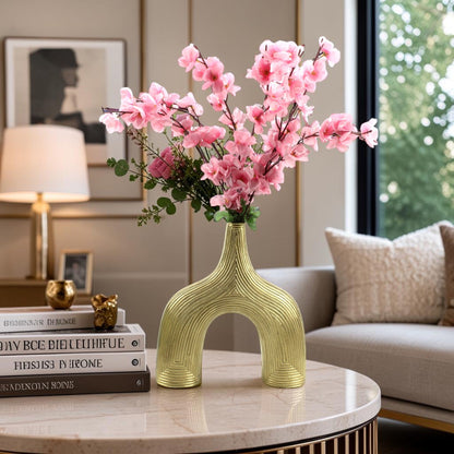 Golden Aluminum Arch Flower Vase: Ribbed Sculptural Design for Modern Home Decor