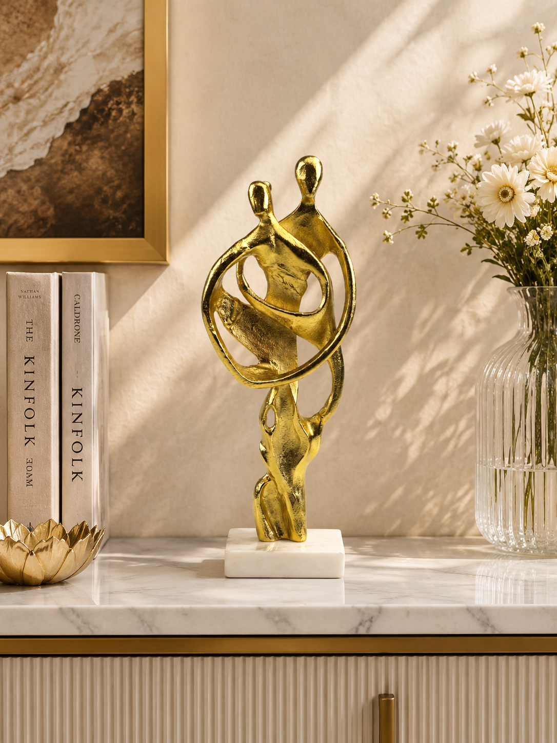Golden Aluminum Handcrafted Couple Sculpture: Unique Decor Accent for Home