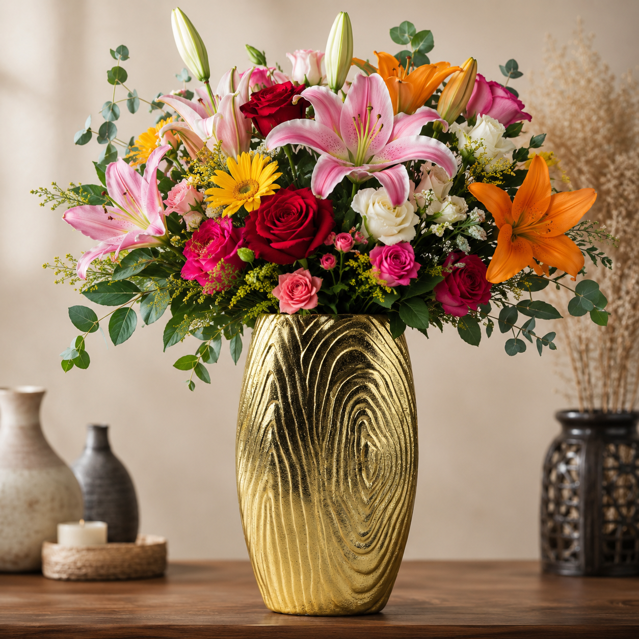 Golden Aluminum Handcrafted Flower Vase: Elegant Home Décor Accent