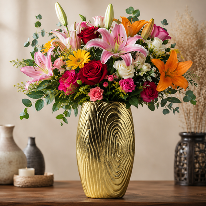 Golden Aluminum Handcrafted Flower Vase: Elegant Home Décor Accent