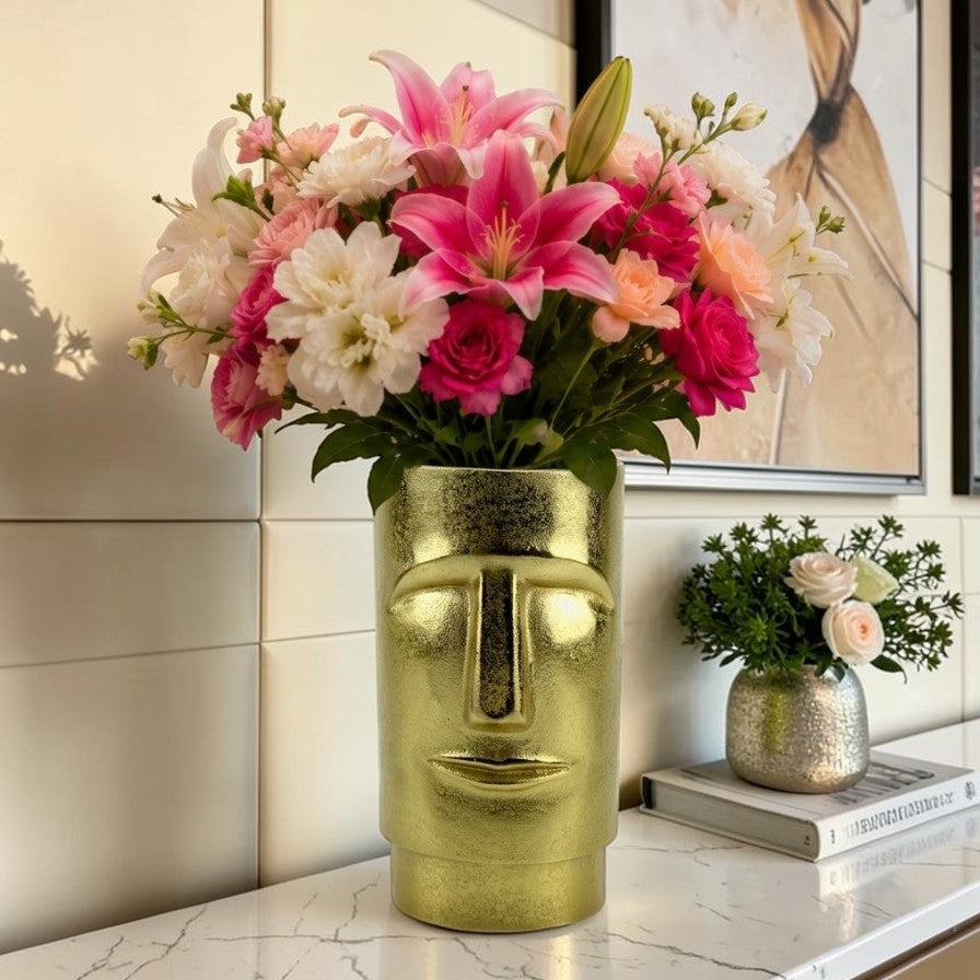 Golden Aluminum Handcrafted Human Face Flower Vase: Unique Artistry for Your Home Decor