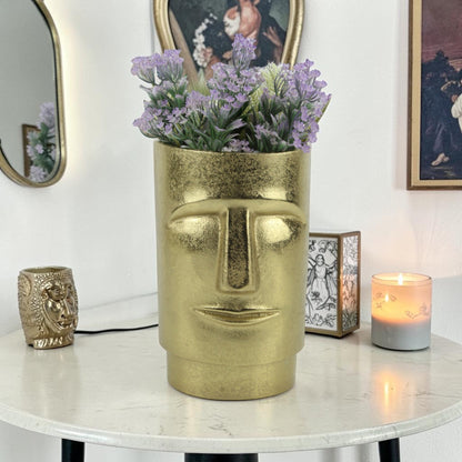 Golden Aluminum Handcrafted Human Face Flower Vase: Unique Artistry for Your Home Decor