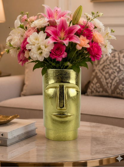 Golden Aluminum Handcrafted Human Face Flower Vase: Unique Artistry for Your Home Decor