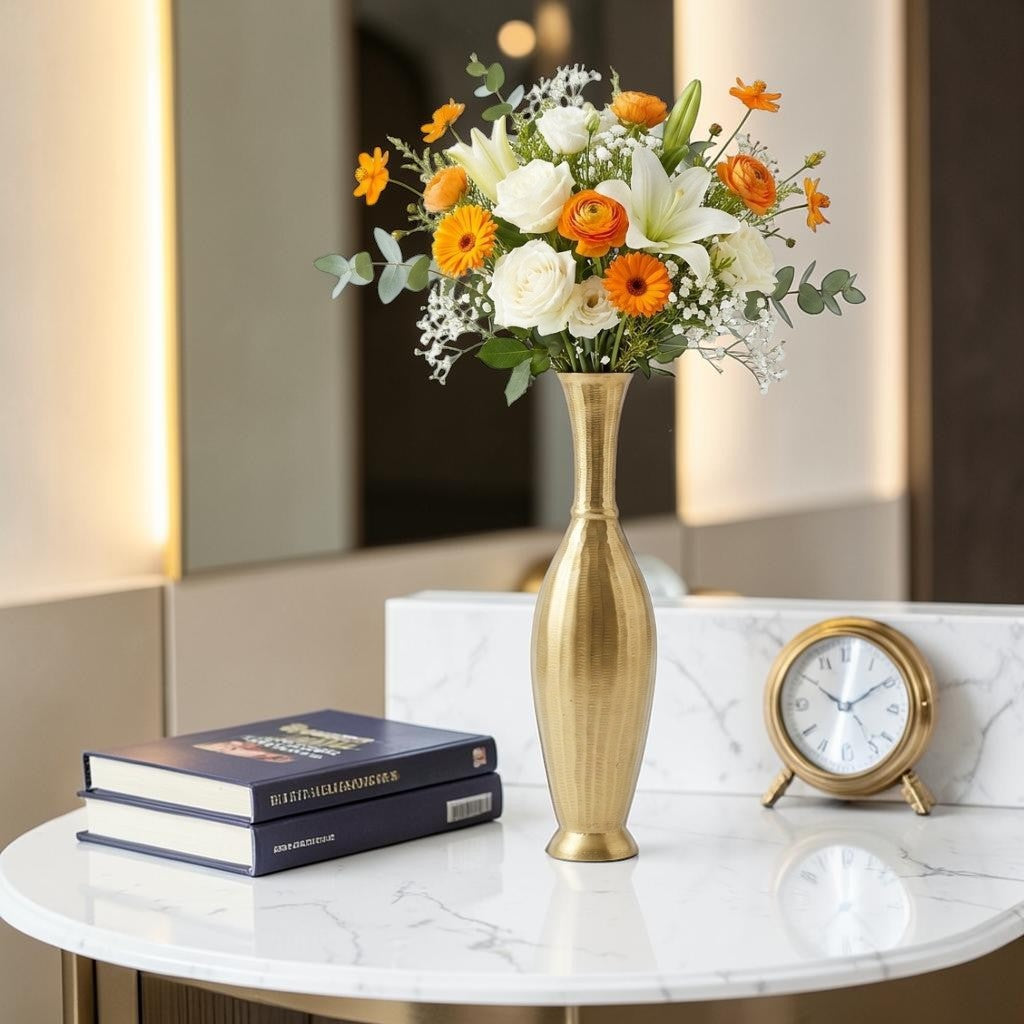 Golden Aluminum Handcrafted Surahi-Shaped Flower Vase: Exquisite Artistry for Home Décor
