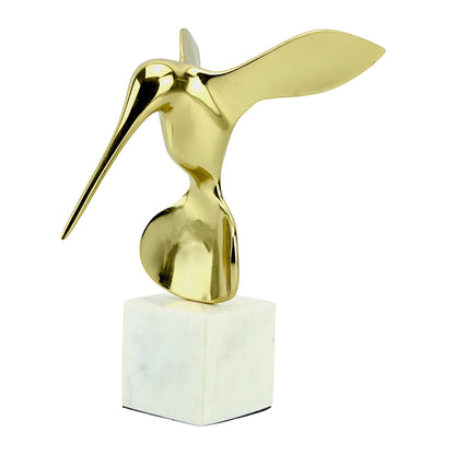 Golden Aluminum Long Beak Bird Sculpture: Handcrafted Avian Elegance on White Marble Base