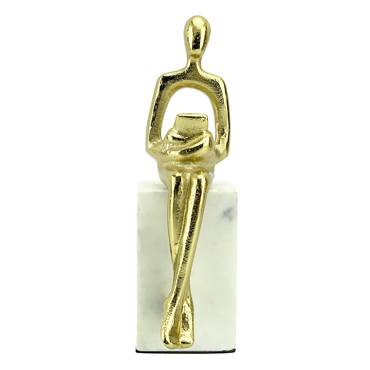 Golden Aluminum Sitting Lady Sculpture with Book: Handcrafted Elegance on White Marble Base