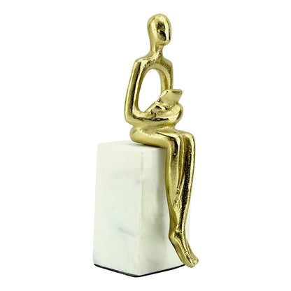 Golden Aluminum Sitting Lady Sculpture with Book: Handcrafted Elegance on White Marble Base