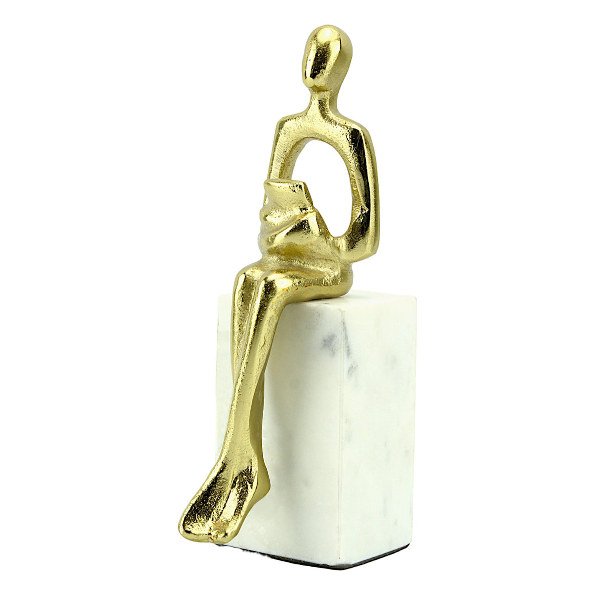 Golden Aluminum Sitting Lady Sculpture with Book: Handcrafted Elegance on White Marble Base
