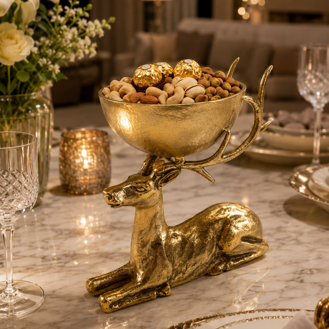 Golden Deer Handcrafted Aluminium Decorative Bowl: Whimsical Elegance for Your Home