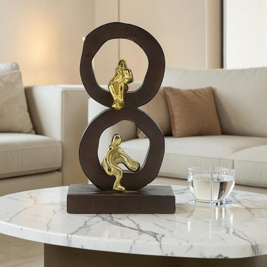 Golden Harmony: Handcrafted Aluminium Mini Human Sitting Sculpture on Wood-Designed Base