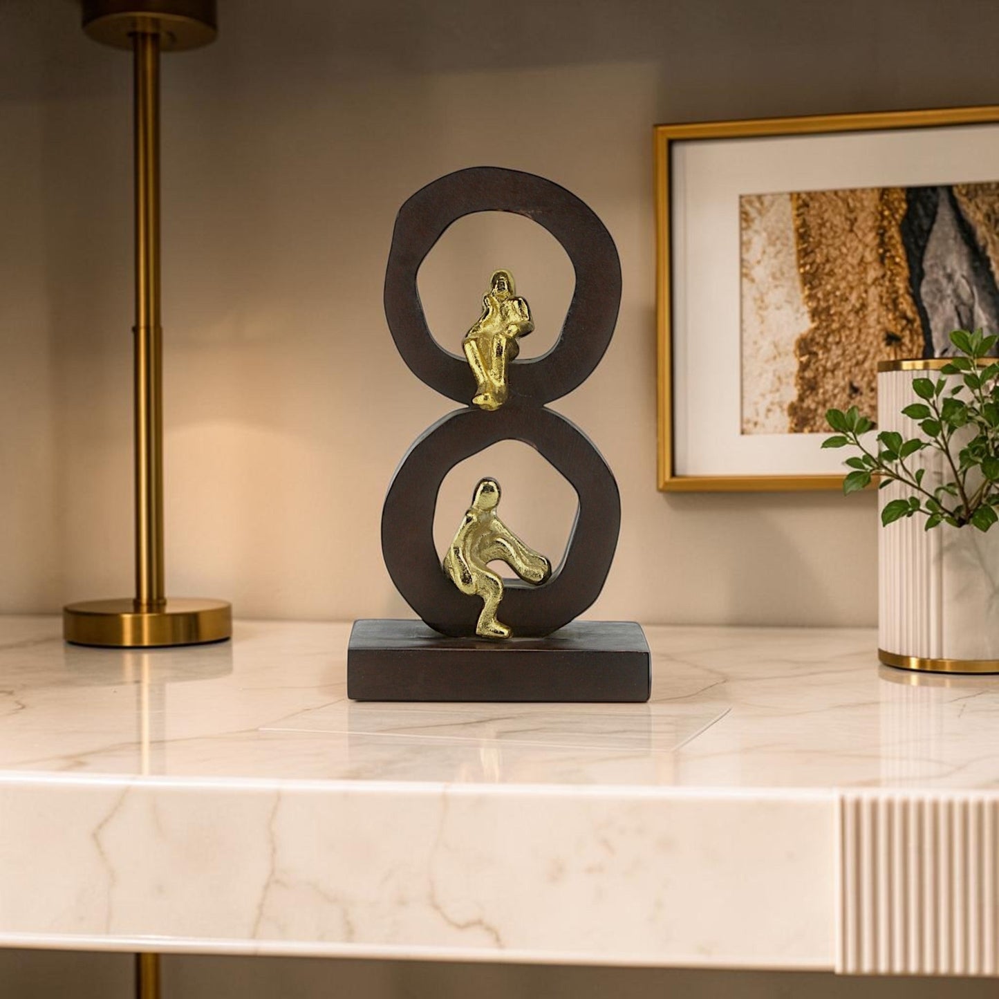 Golden Harmony: Handcrafted Aluminium Mini Human Sitting Sculpture on Wood-Designed Base